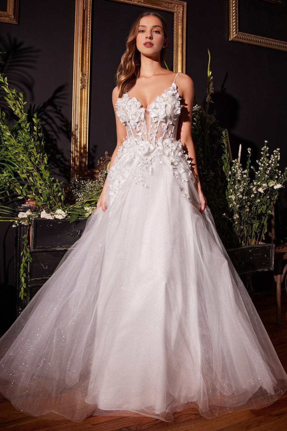 Abito da sposa lungo senza maniche con scollo a V e stampa floreale 3D